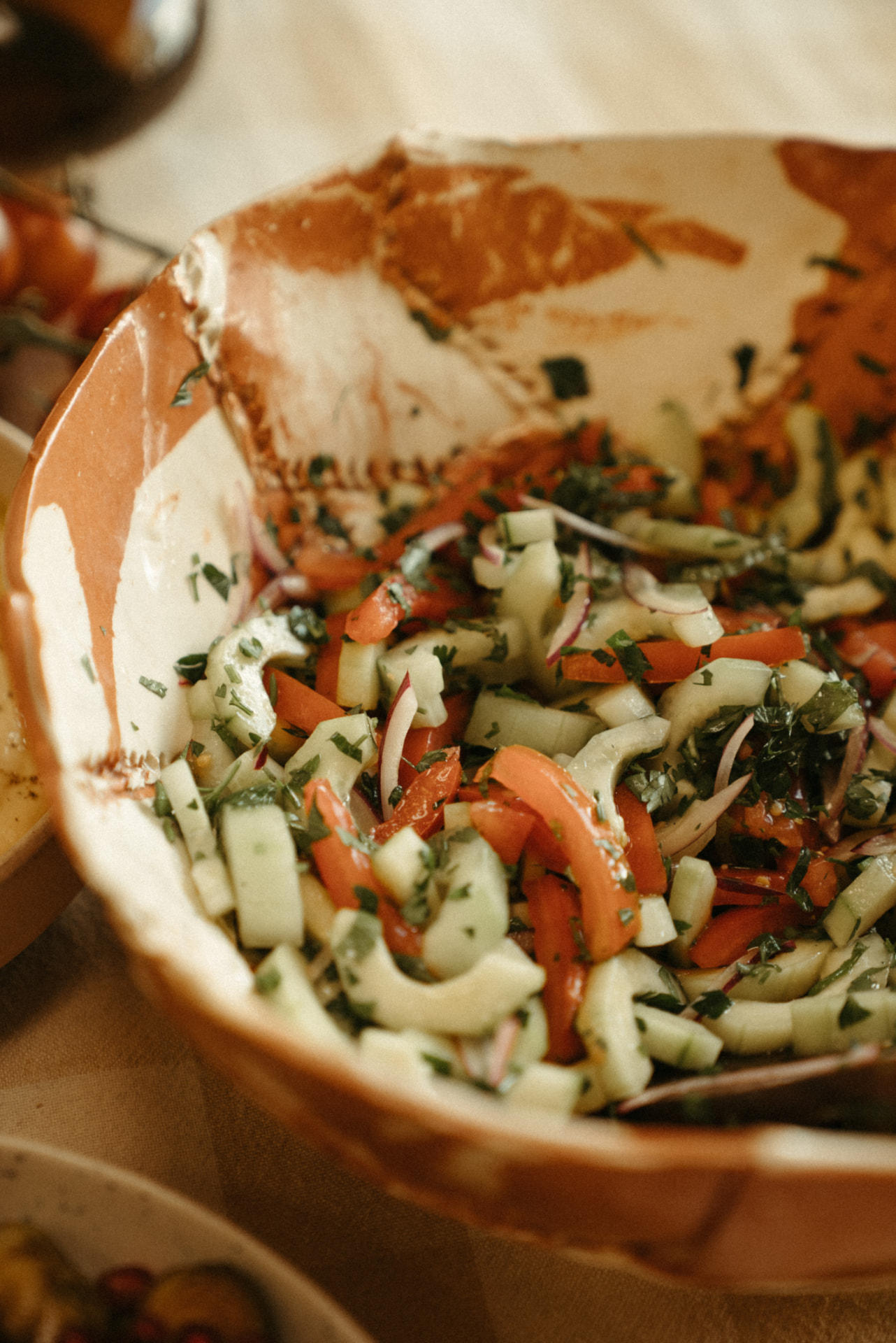 Rustic terracotta bowl of cucumber, tomato and herb salad